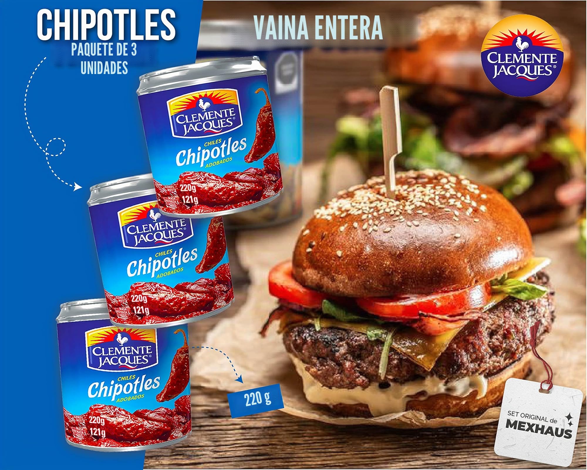 Chipotle Chili en salsa Adobo - Chipotle en Adobo de Clemente Jacques (Pack de 3) por 220 gr