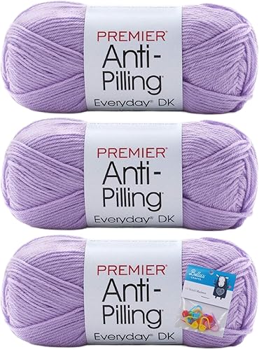 Premier Yarns Everyday DK - Hilo antibolitas, 3.5 onzas, peso ligero #3, paquete de 3 unidades con marcadores de puntada Bella's Crafts (violeta