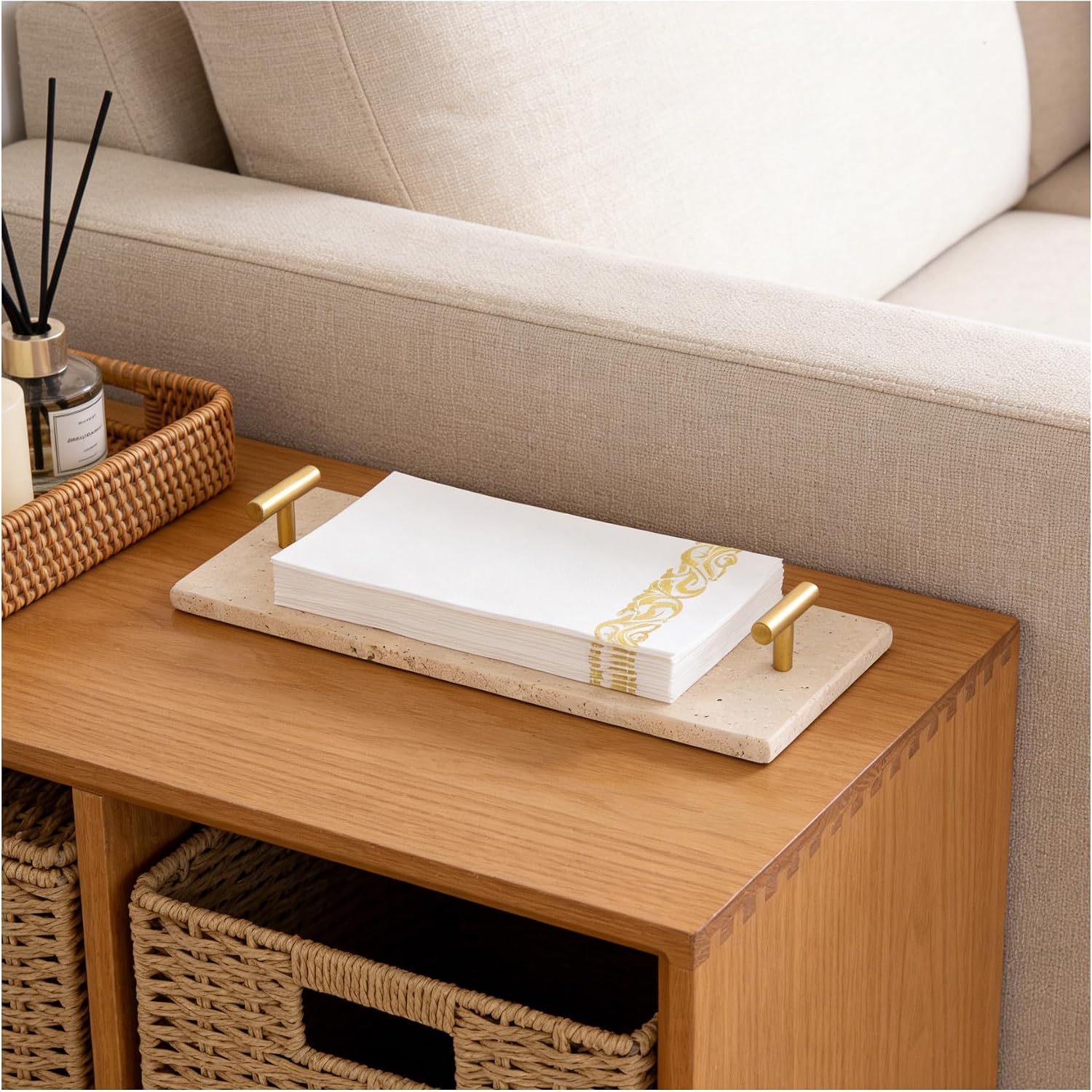 Napkin Holder - Guest Towel Holder for Bathroom - Travertine Stone Paper Towel Holder - Hand Towel Tray with Gold T-Handle(11.8x4.7x1.7 Inchs)
