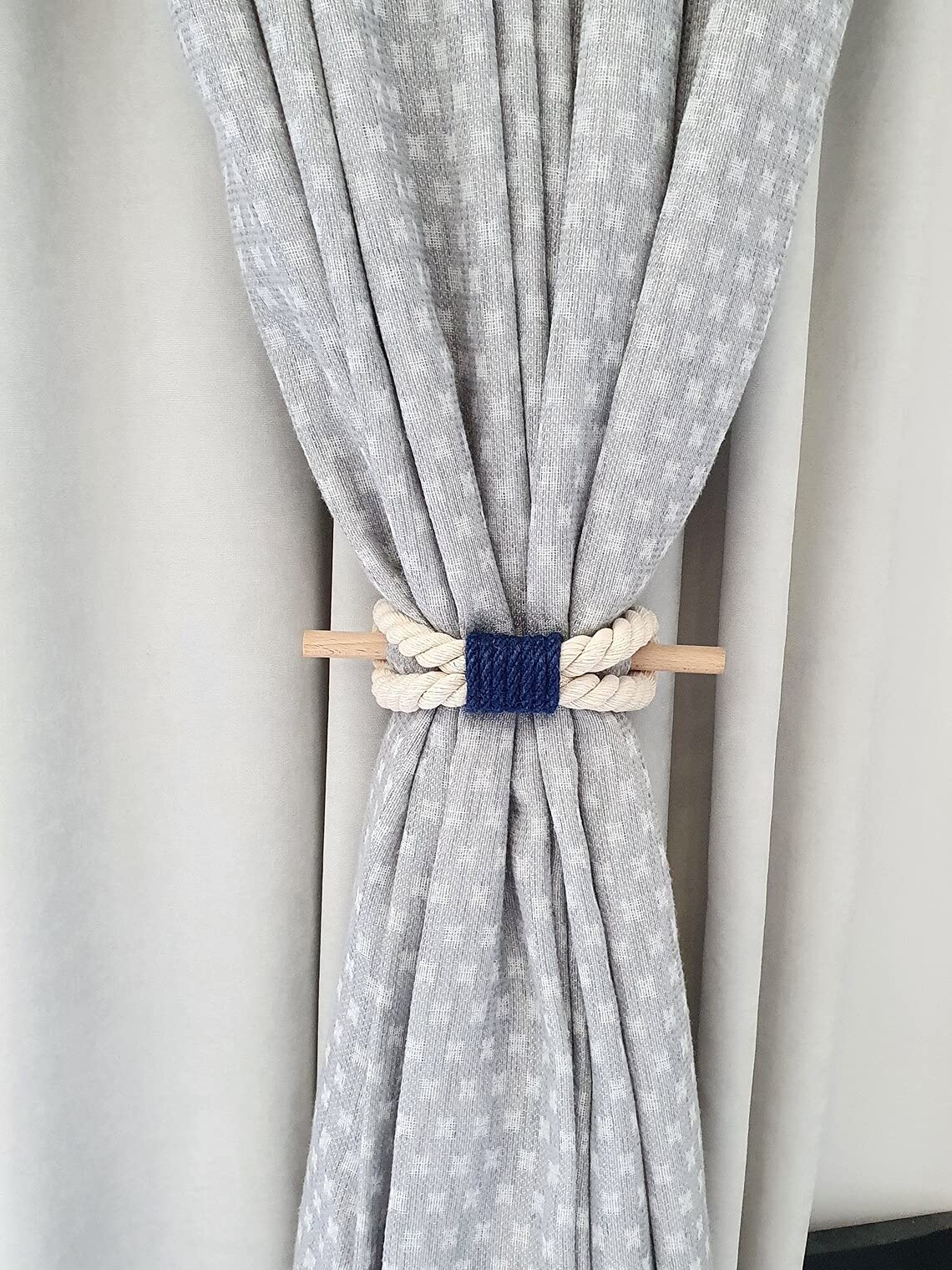 JAZLOG Curtain Tieback-Shabby Chic Ties-Nautical Decor-Natural Cotton Curtain Rope Tie Back Decorative Modern - Blue Navi Rope -Wooden Pin | Pack of 02