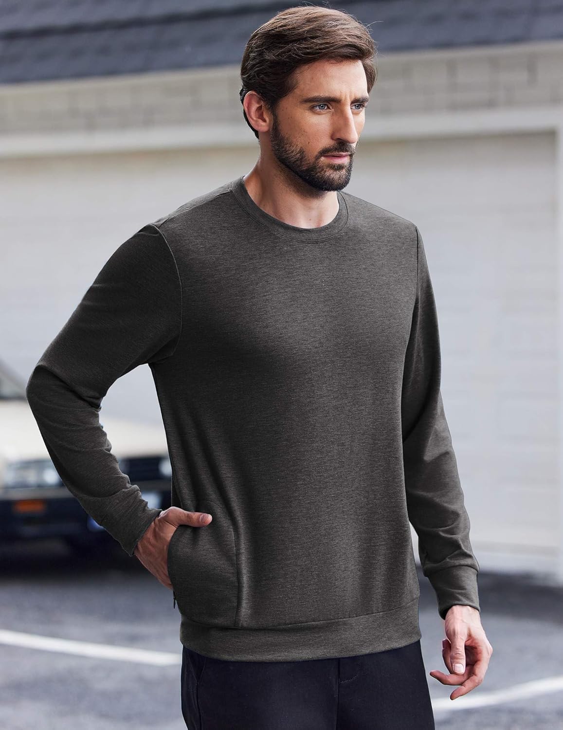 PINSPARK Men's Long Sleeve Shirts Crew Neck T-Shirt Casual Pullover Tees Soft Stretch Basic Tee Shirt with Zipper Pocket - Image 7