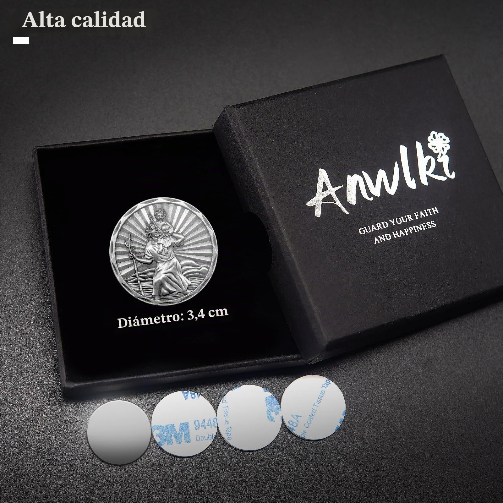 Placa de San Cristóbal para Coche, diámetro de 3,4 cm, Medalla de San Cristóbal para protegernos y Venir a casa, con imán y 3 Pegatinas Adhesivas de Doble Cara, 1 Pieza de Hierro (Plata Vieja)