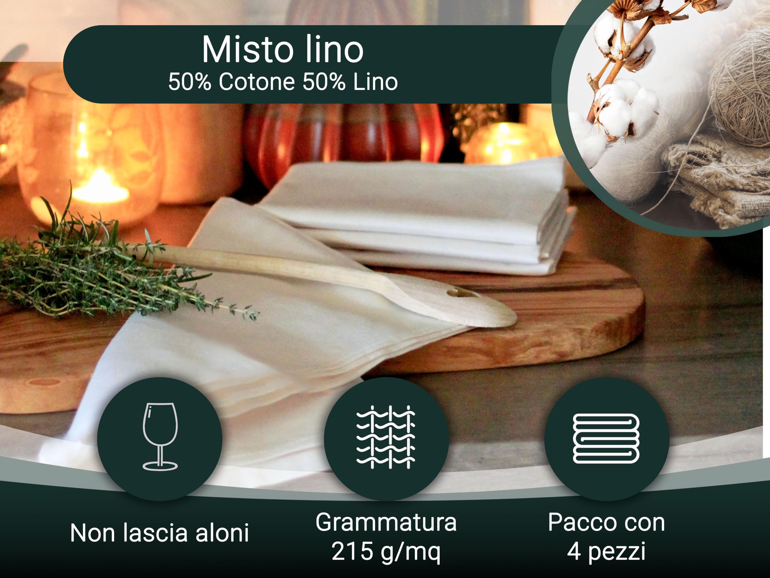 ZOLLNER 4 strofinacci, canovacci da cucina, misto lino, 50x70 cm, bianco grezzo