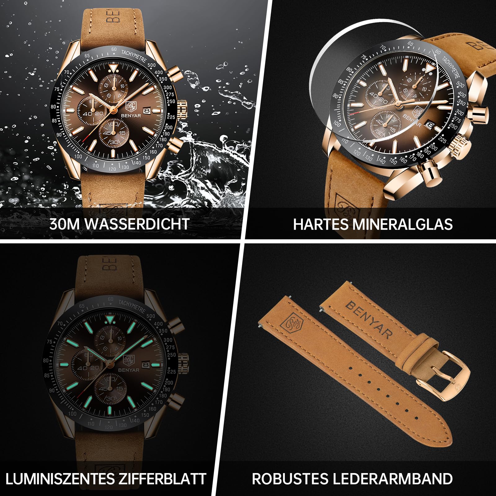 BENYAR herrenuhren Chronograph Analogue Quartz Armbanduhr für männer Lederband Herren Fashion Business Sport Design 30M wasserdicht Elegantes Geschenk für männer