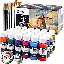 Artecho Conjunto de tinta acrílica 24 cores 59 ml com 12 pincéis, kit de tintas para artesanato, tinta para tela, pedras, madeira, tecido, cerâmica e materiais de arte, tinta não tóxica para artistas