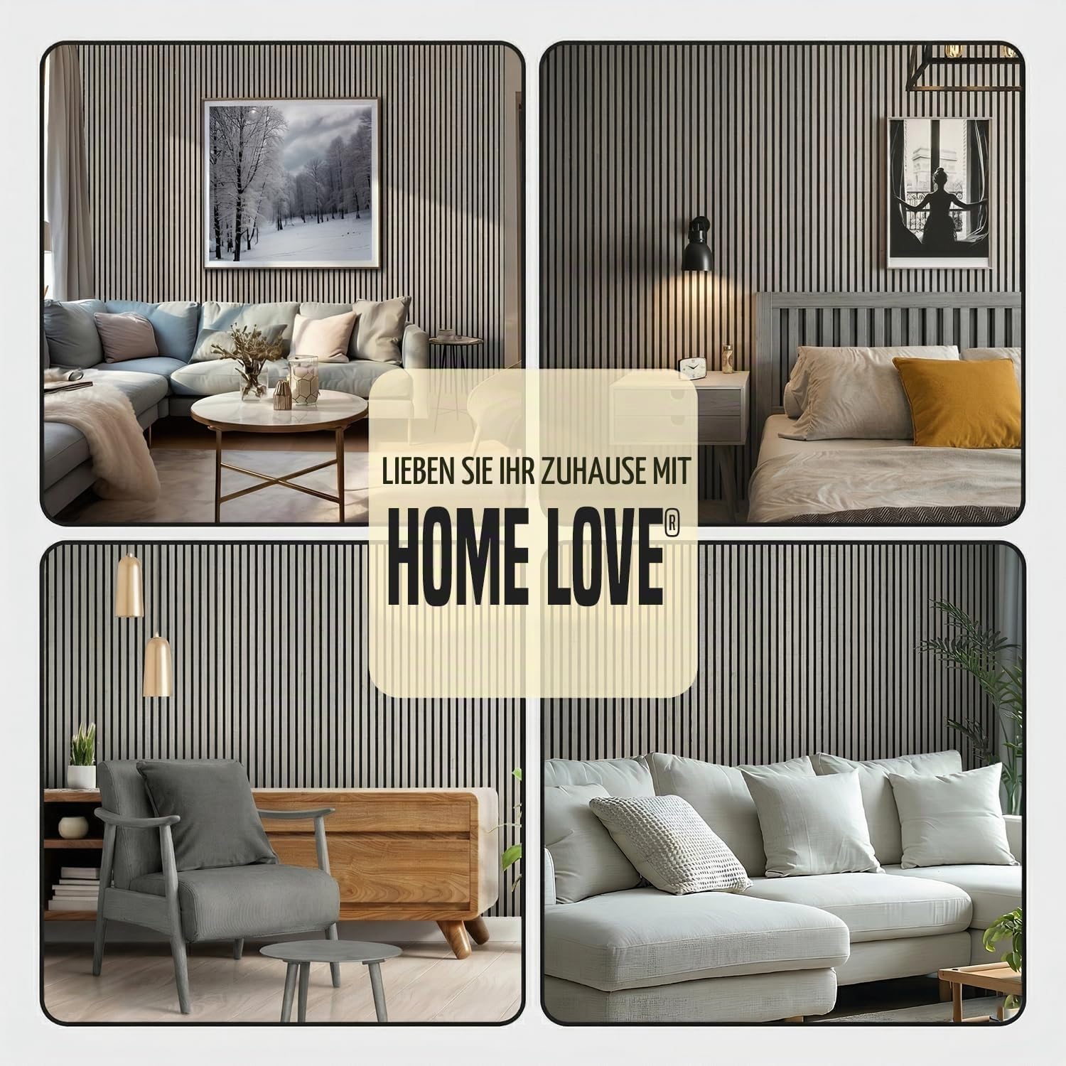 HOME LOVE Akustikpaneele Holz 2er Set 110x55 cm – Grau mit schwarzem Filz | Wandpaneele Holzoptik 3D | Akustik Paneele Grau | Holzpaneele Wand | Wandverkleidung Innen