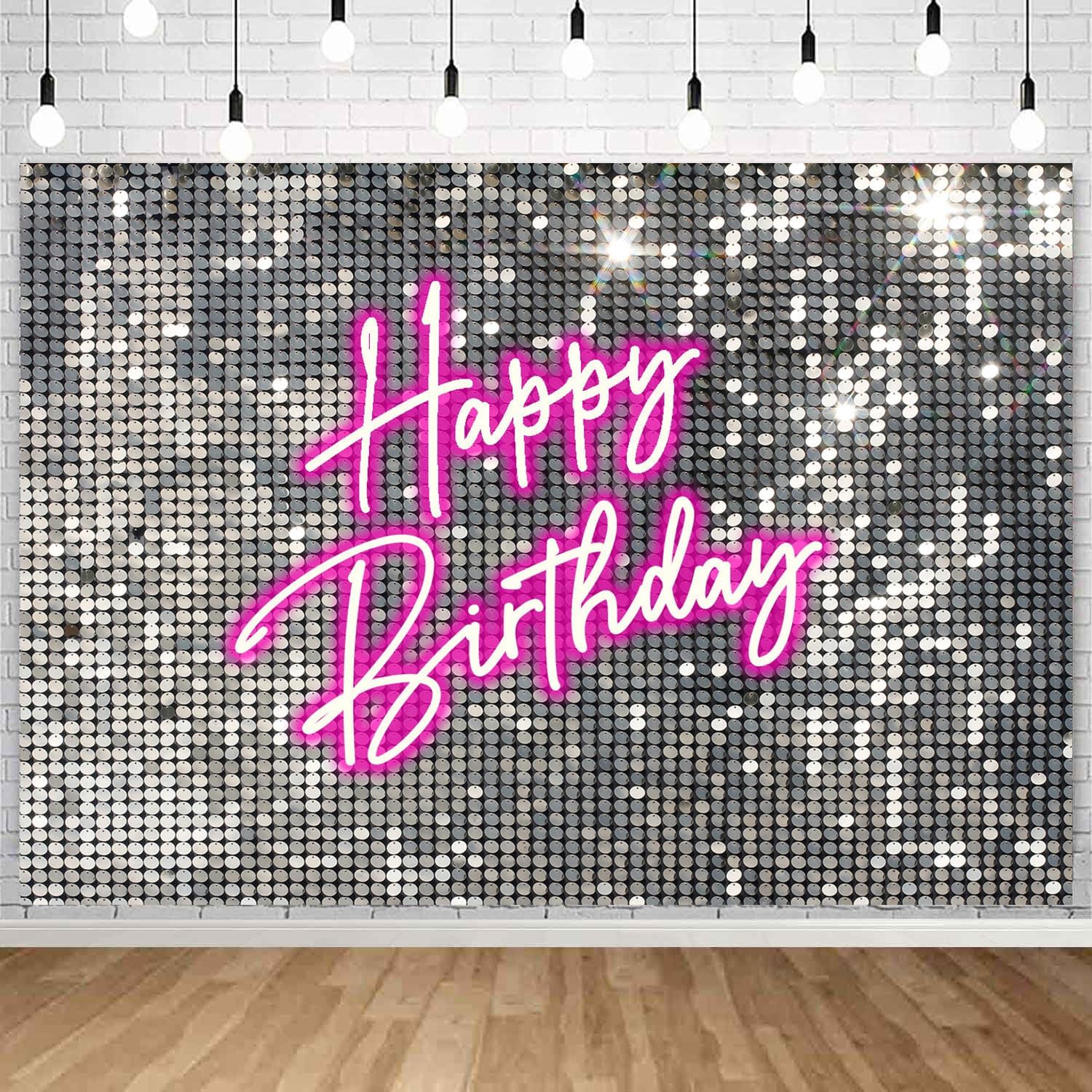 Withu Silver Sequins Pink Neon Happy Birthday Backdrop for Photography Shining Flash Stars Shimmer Wall Decoration Banner Princess Girls Women Bday Party Background 7x5ft