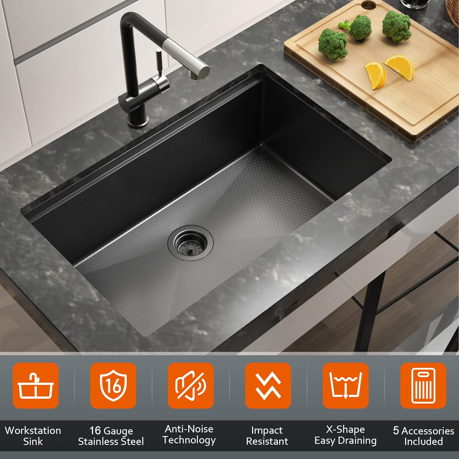 TORVA 30 Inch Undermount Workstation Kitchen Sink - 16 Gauge Stainless Steel, Honeycomb Pattern PVD Gunmetal Finish, Single Bowl with Cutting Boards and Racks - Dark Gray