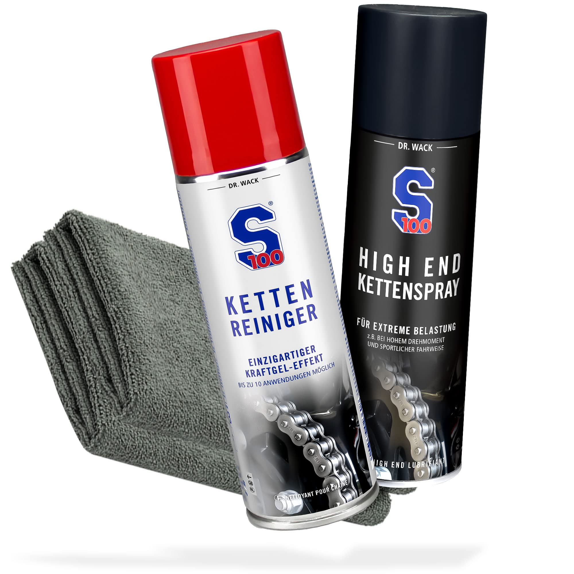 Motorrad Kette Reinigung & Pflege Bundle - Dr. Wack - S100 KettenreinigerI Motorrad-Kettenreiniger für O/X/Z-Ring + S100 High End Kettenspray 300 ml I Motorrad-Kettenöl+ 2x detailmate Mikrofasertuch