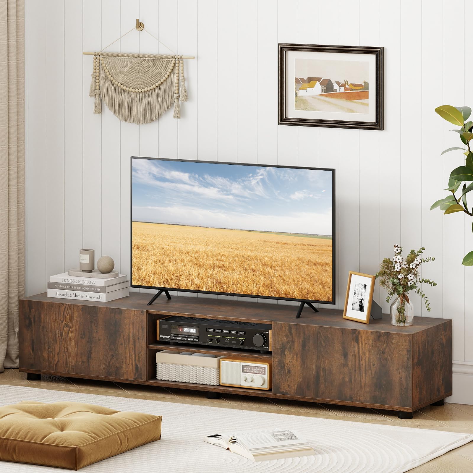 COSTWAY Mobile Porta TV Fino a 70", Supporto TV con 2 Mobiletti, 2 Ripiani Aperti e 6 Gambe di Sostegno, Tavolo Consolle per Televisore per Soggiorno e Camera da Letto, 160 x 35 x 30 cm (Marrone)