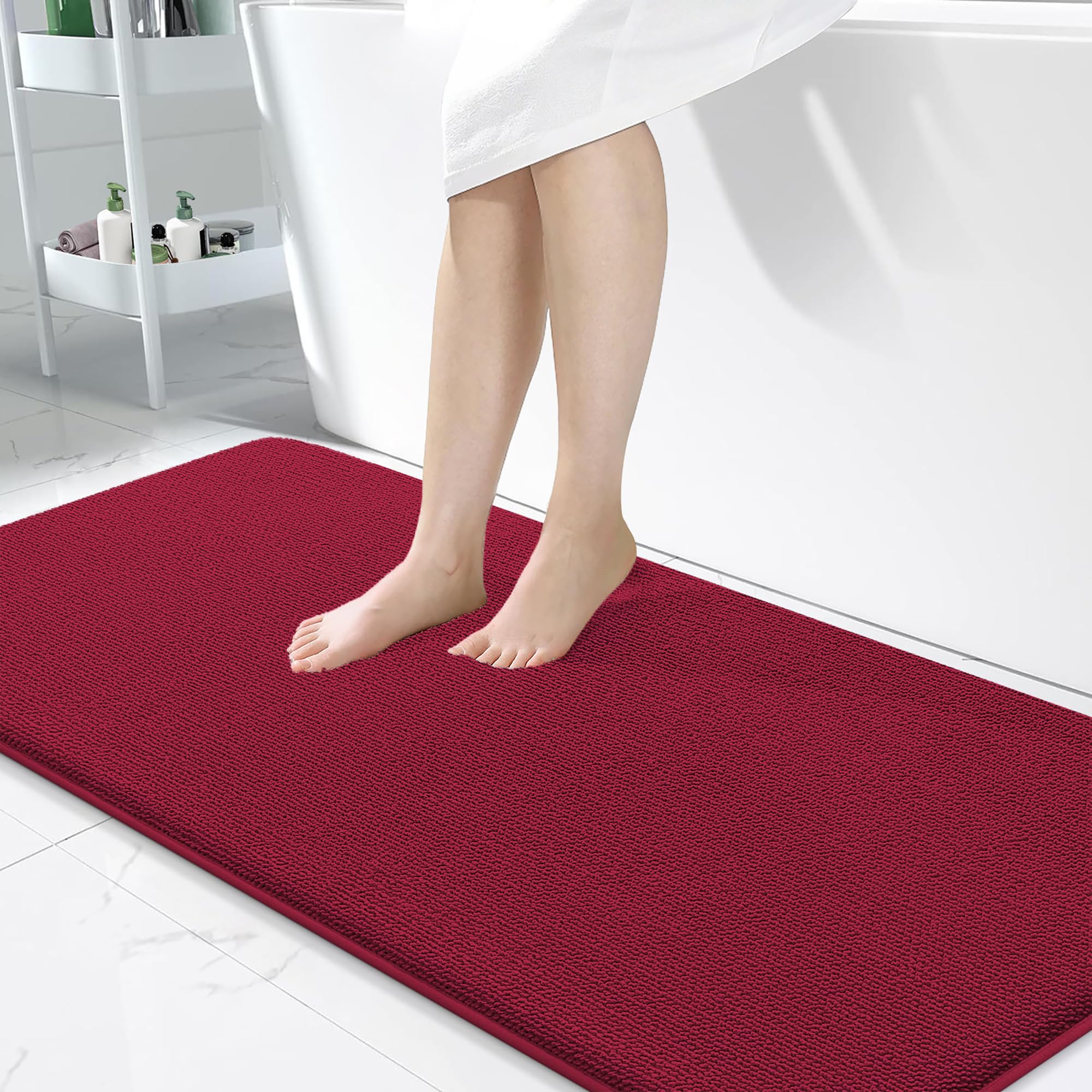 OLANLY Memory Foam Bathroom Runner Rugs 47x24, Absorbent Long Mat, Burgundy