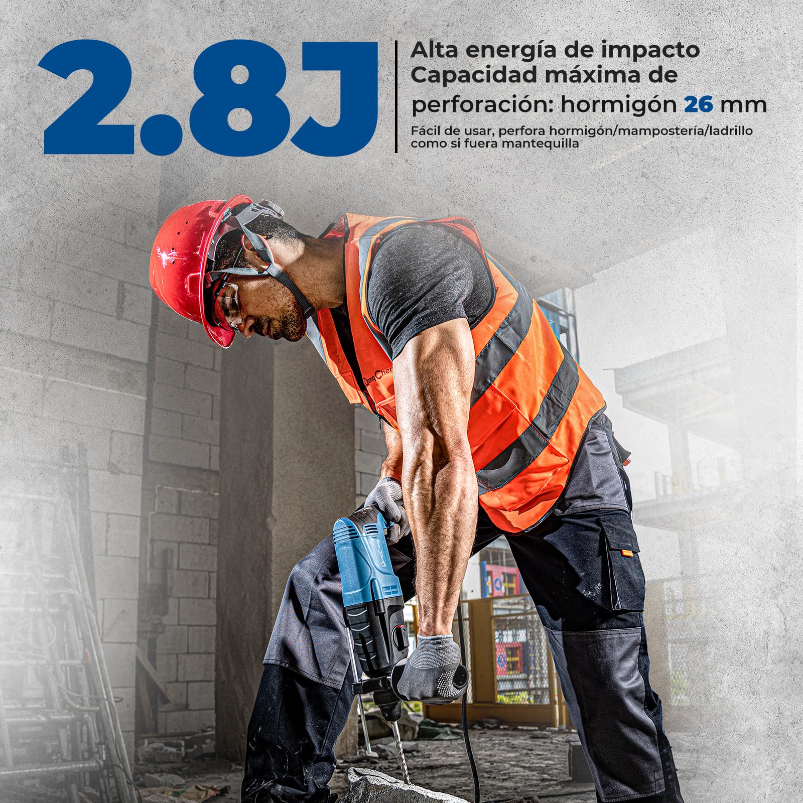 DongCheng martillo perforador 800W, energía de impacto 2.8 J, velocidad de ralentí 0-1200U/min, con 4 brocas SDS plus, 26 mm, taladro 4 en 1, martillo de demolición, mango antivibración
