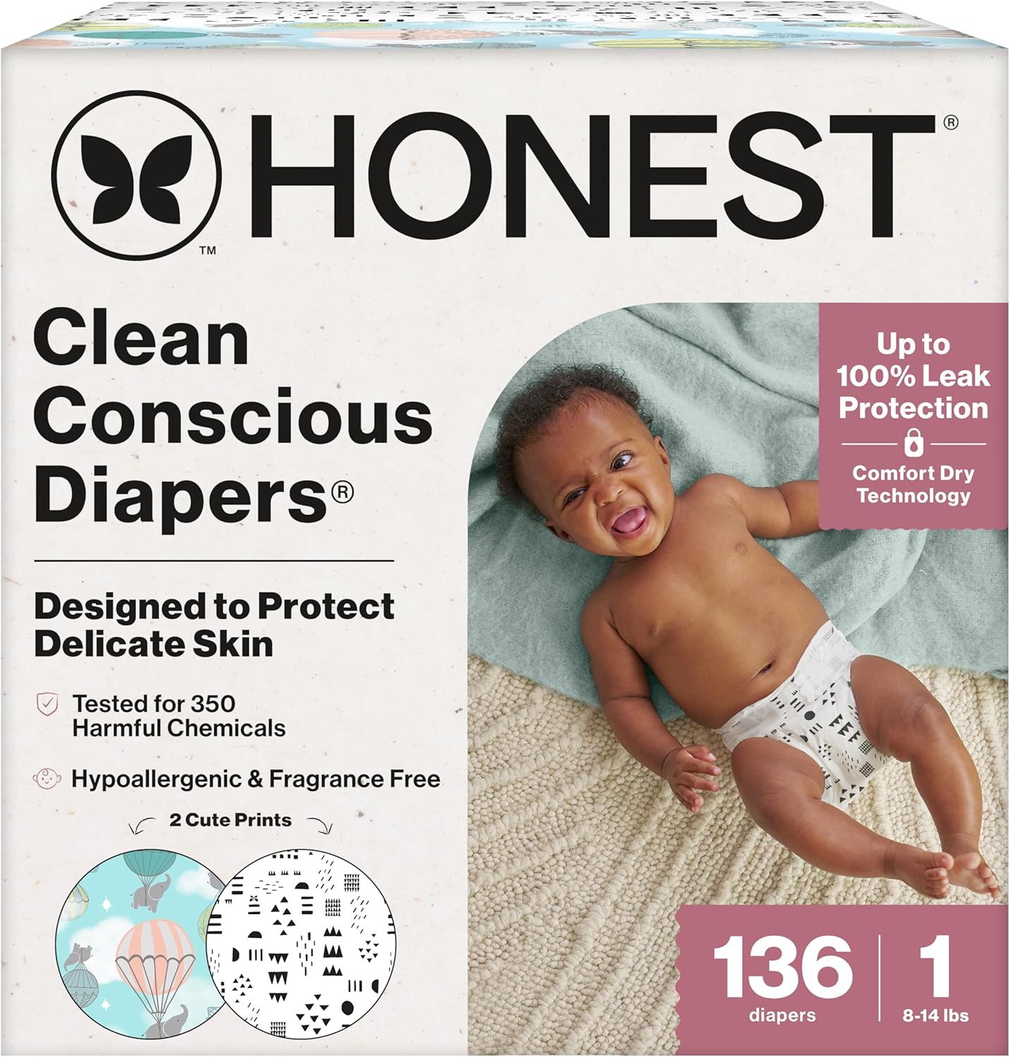 The Honest Company Clean Conscious Diapers for Sensitive Skin, Up to 100% Leakproof Hypoallergenic Fragrance-Free Baby Diapers, Gender Neutral Prints, Super Club Box, Size 1 (8–14 lbs), 136 Count Size 1 (136 Count) Above It All + Pattern Play