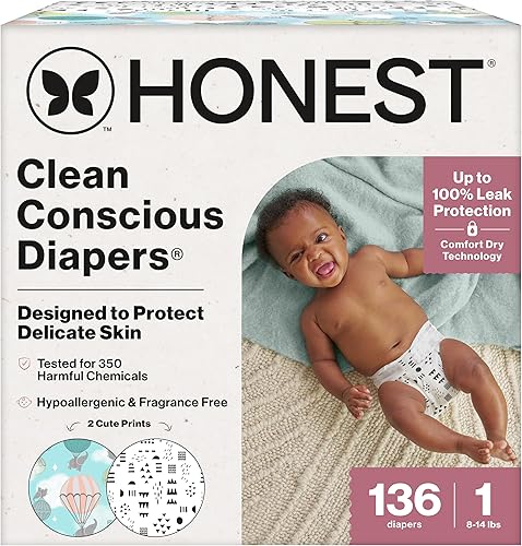 The Honest Company Clean Conscious - Pañales para pieles sensibles, hasta un 100% a prueba de fugas, hipoalergénicos, estampados neutros, caja Super
