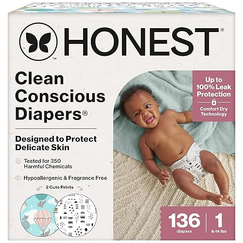 The Honest Company Comfort Dry Disposable Diapers for Sensitive Skin, Hypoallergenic, Above It All + Pattern Play, Super Club Box Size 1 (8-14 lbs) 136
