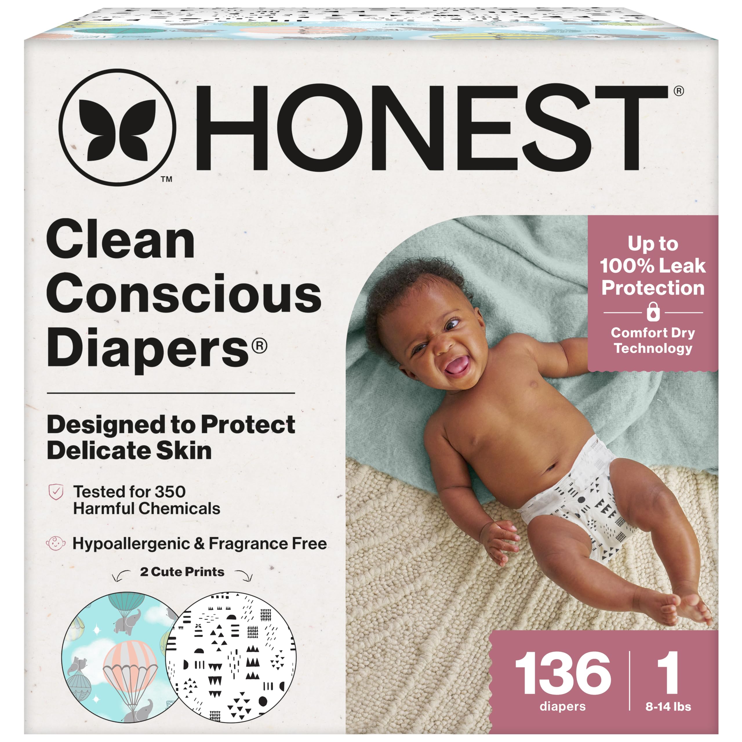 The Honest Company Clean Conscious Diapers for Sensitive Skin, Up to 100% Leakproof Hypoallergenic Fragrance-Free Baby Diapers, Gender Neutral Prints, Super Club Box, Size 1 (8–14 lbs), 136 Count