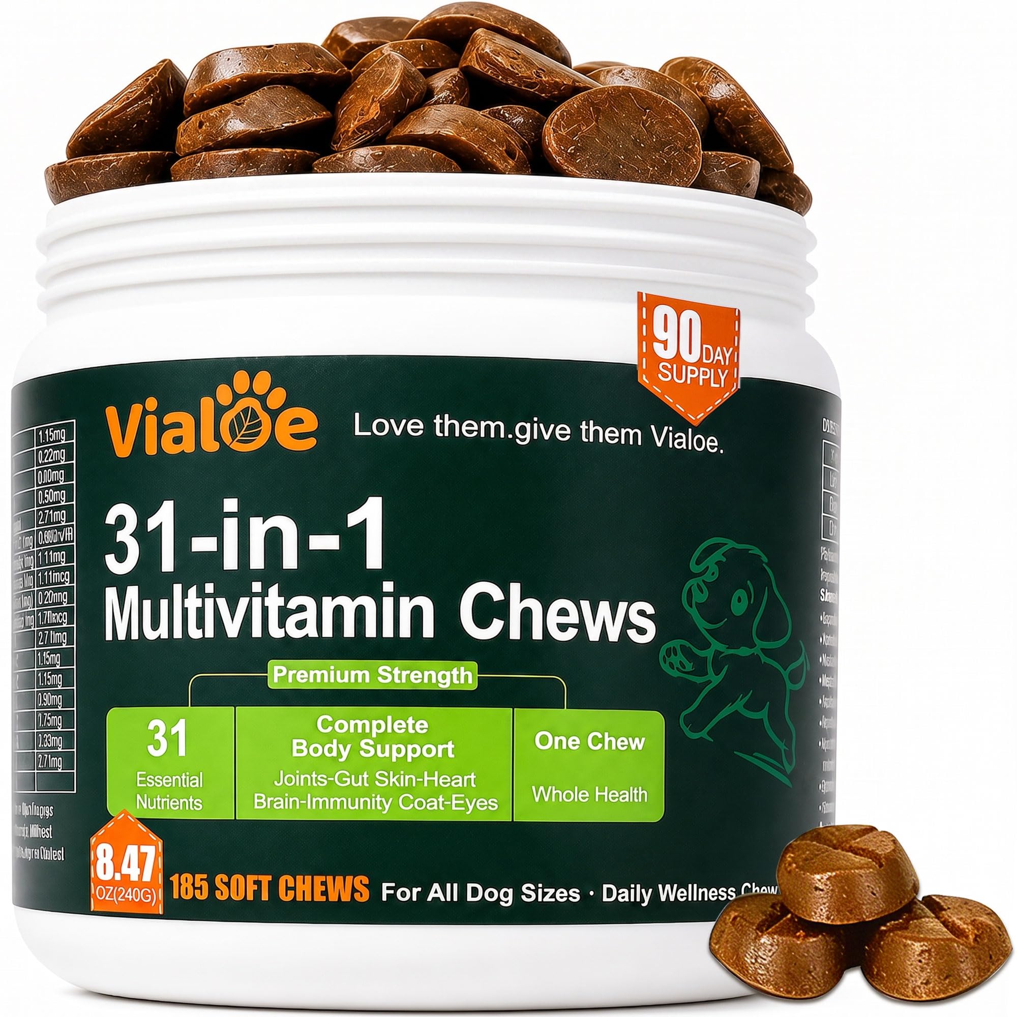 31-in-1 Dog Multivitamin Soft Chews – 185 Chews, 90-Day |SupplyGlucosamine+Chondroitin+MSM | Salmon Oil | 740M CFU Probiotics | Chelated Minerals | B-Complex | Gut+Immune | Grain-Free