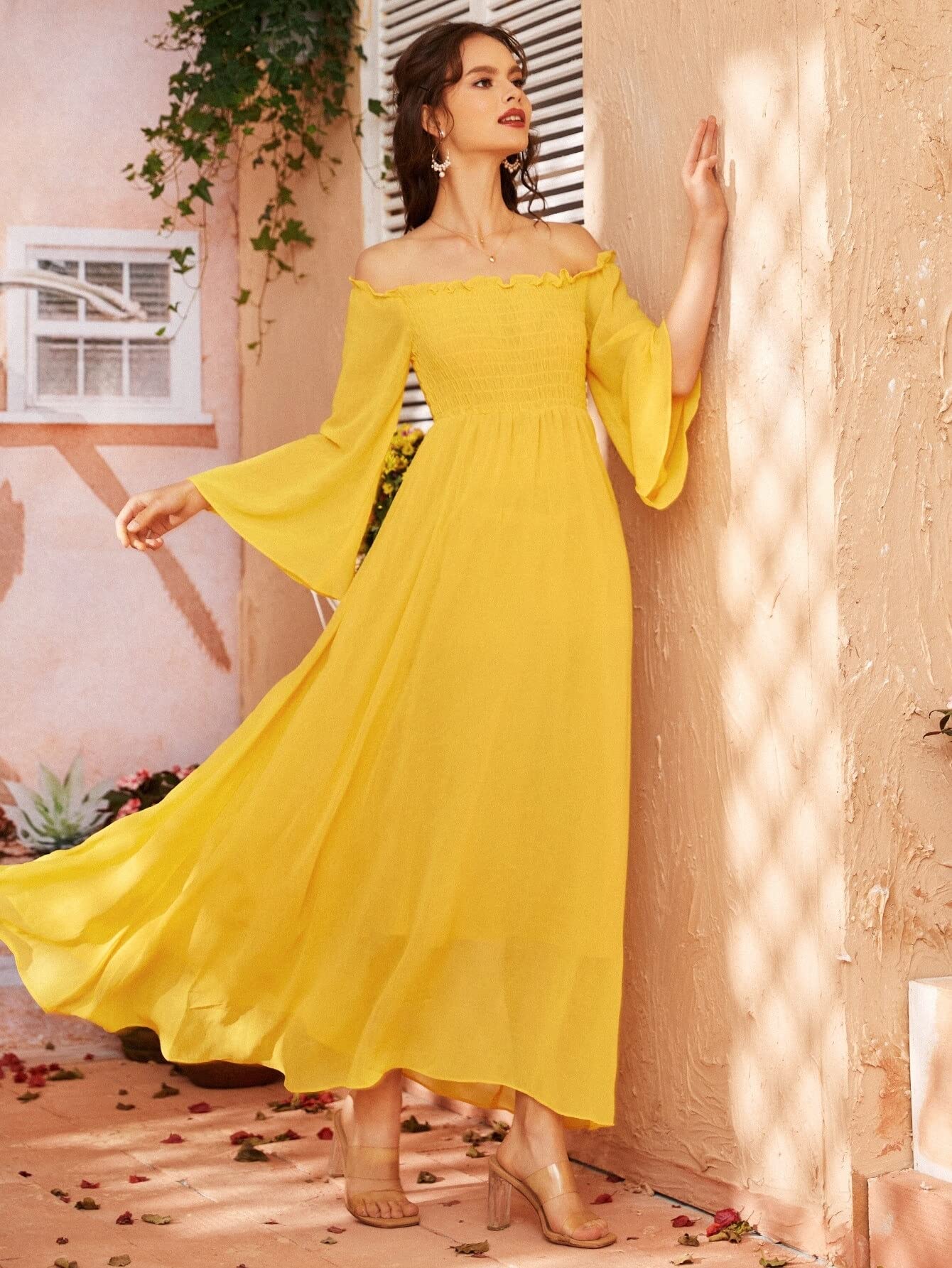 yellow gold dress for wedding guest Modest Yellow Chiffon Maxi Dress,Yellow Wedding Guest Dress,Yellow Pro –  Simplepromdress main image 1