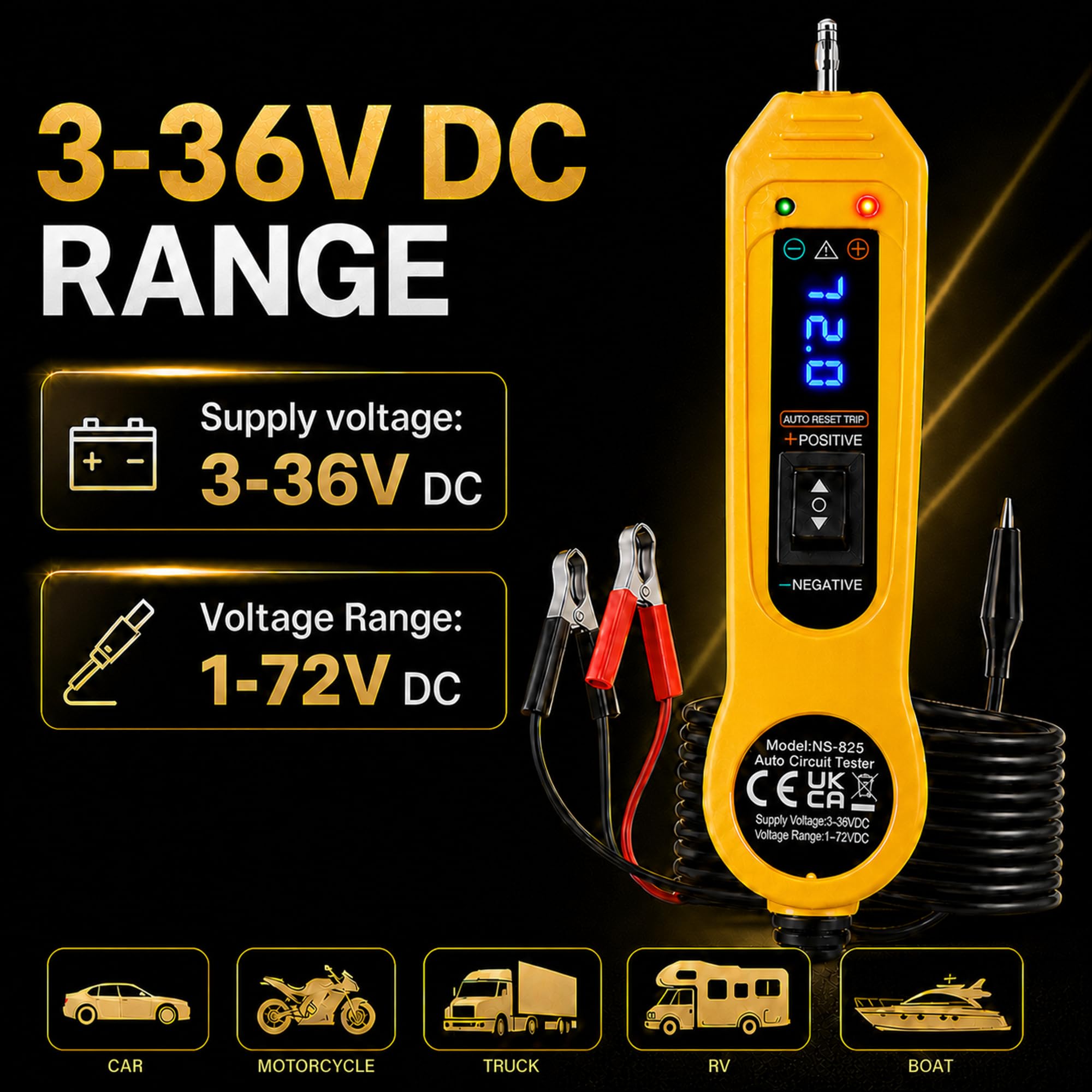 Sonda de prueba de circuitos para coche, 3 – 36 V CC, comprobador eléctrico con voltímetro, comprobador de continuidad y seguridad para coches, comprobador de voltaje de coche, incluye bolsa