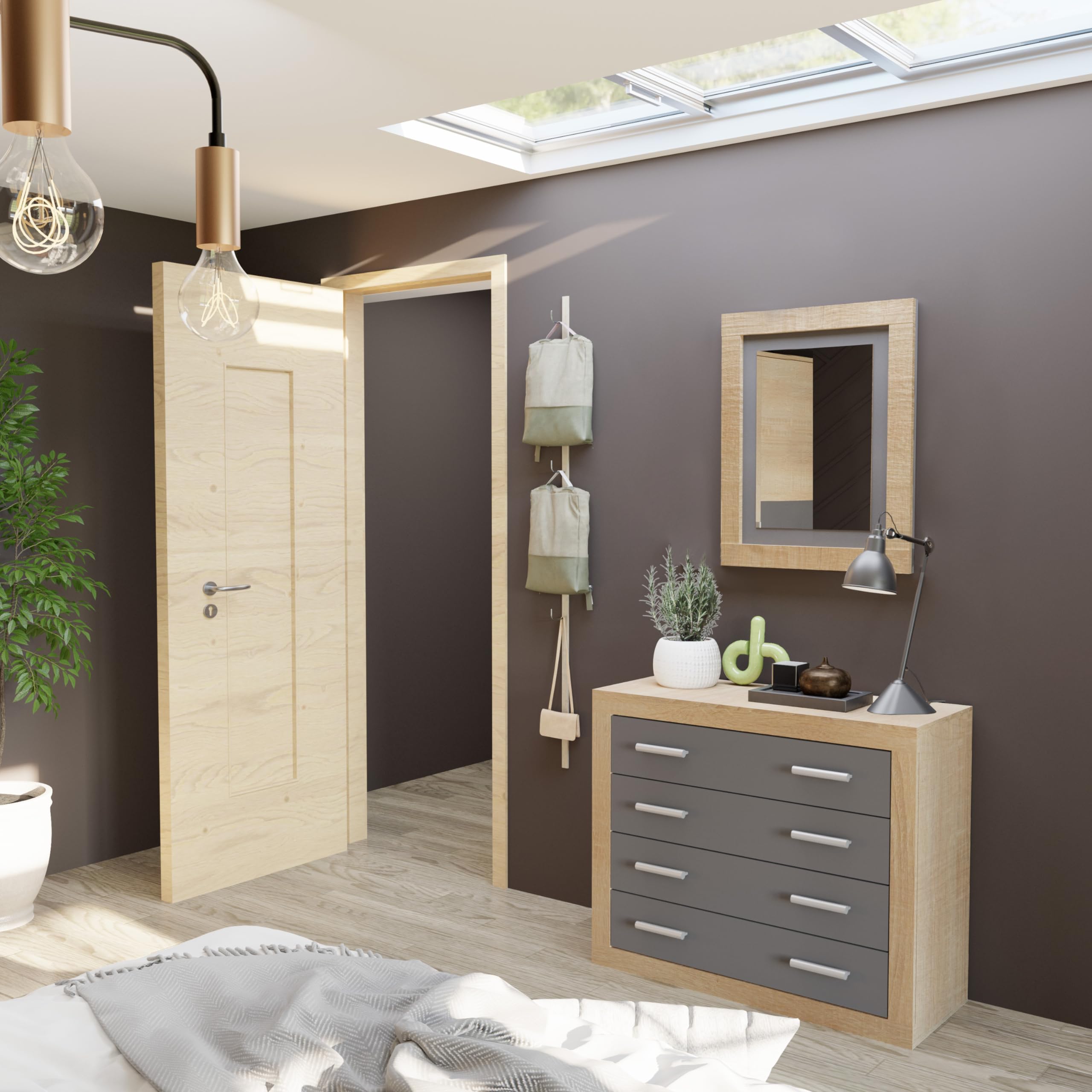 duehome | Conjunto de Dormitorio Kira 4c - Cabecero + 2 Mesitas de Noche + Comoda y Espejo, Acabado en Cambria y Grafito