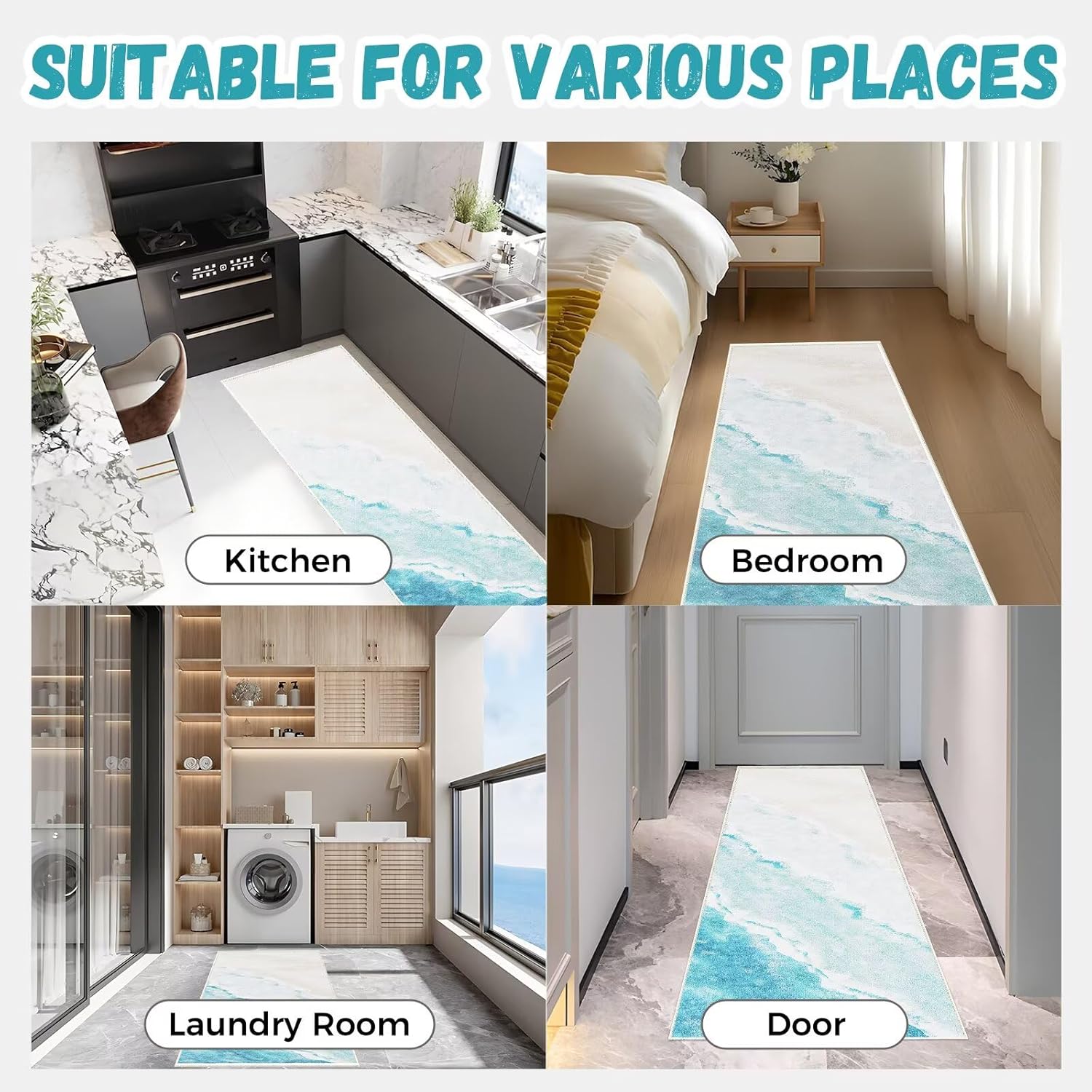 Beach Pattern 2x6ft Runner Rug Non Slip Washable Kitchen Runner Rug with Rubber Backing，Low-Pile Soft Washable Runner Rugs for Hallway Entryway Kitchen Bedroom Living Room Bathroom