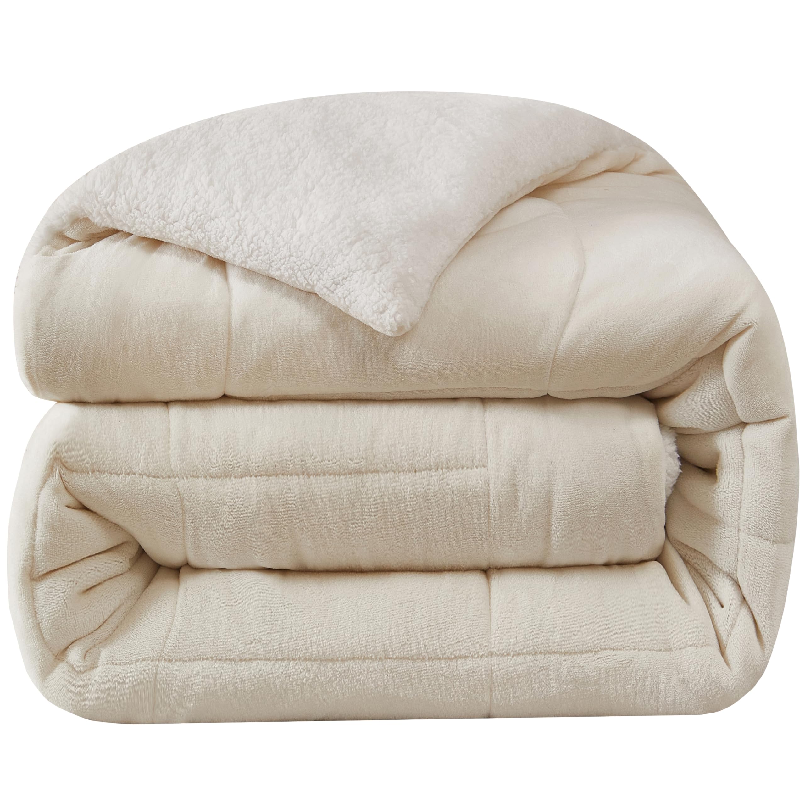 Fanny & Céline Couverture Lux 650 GSM Sherpa+Flanelle Réversible 240x260cm Double Face rembourrée Super Chaude et Douce DBPV-018 Blanc Naturel