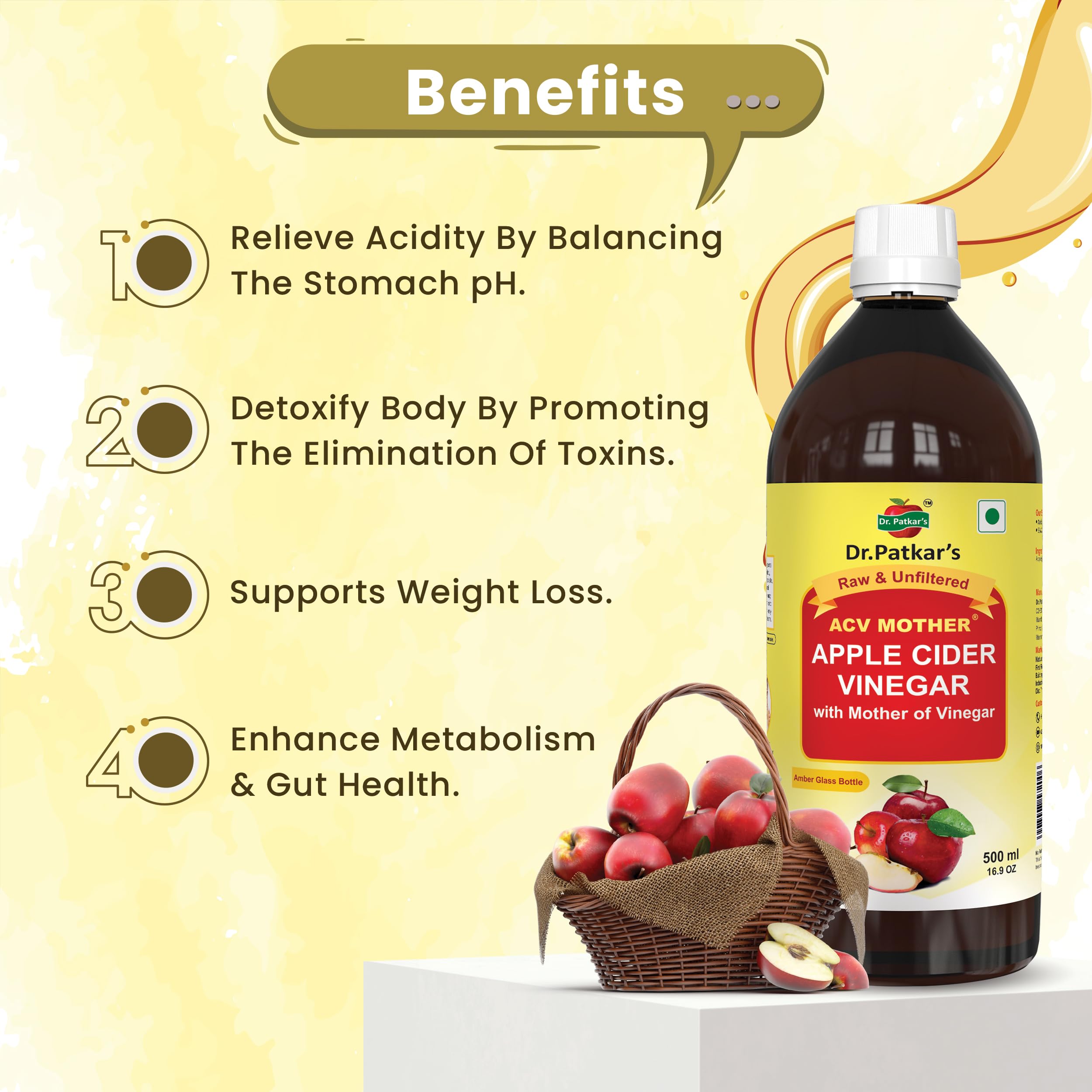 Dr. Patkar's Apple Cider Vinegar with Mother Vinegar | Unfiltered & Undiluted | Suitable for Weight Loss & Improved Immunity (With Mother) 500ml 3