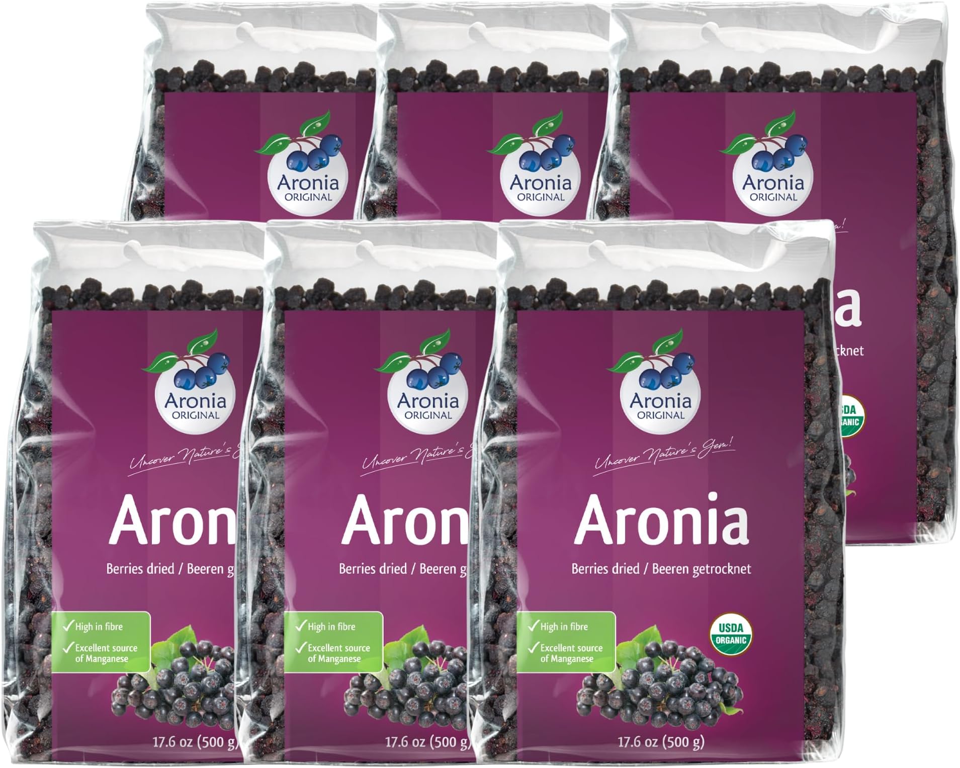 Aronia ORIGINAL Organic Dried Aronia Berries 17.6 oz (6-Pack) | Gently Dried Immediately After Harvest | No Added Sugar, No Sulfites, No Additives | Vegan, Non-GMO Aronia Berry (Black Chokeberry)