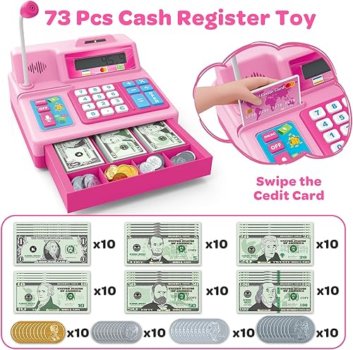 Miniatura 2 de Calculadora de caja registradora de juguete de regalo para niños de 3, 4, 5, 6, 7, 8+ años, 103 piezas de comestibles con micrófono, tarjeta de