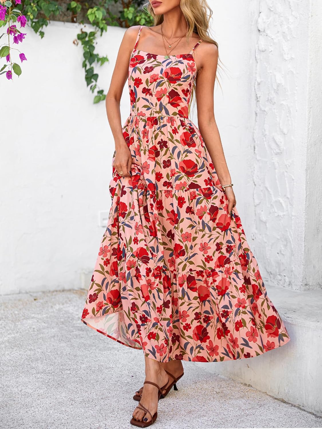 NOLLSOM Women's Summer Dress 2025 Casual Floral Boho Maxi Dresses Sleeveless Spaghetti Strap Long Beach Sun Dresses - Image 7