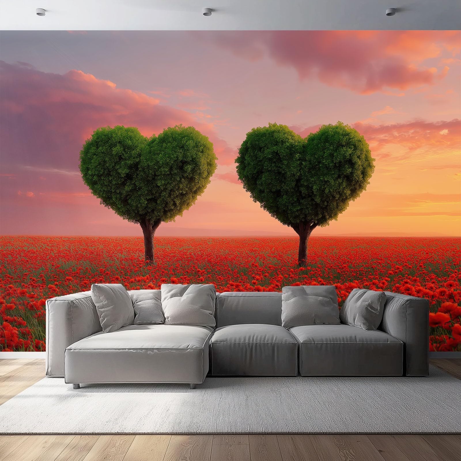Vlies-fototapete Blumenwiese Herzförmiger Baum, 300x210 cm 3D Wandbild