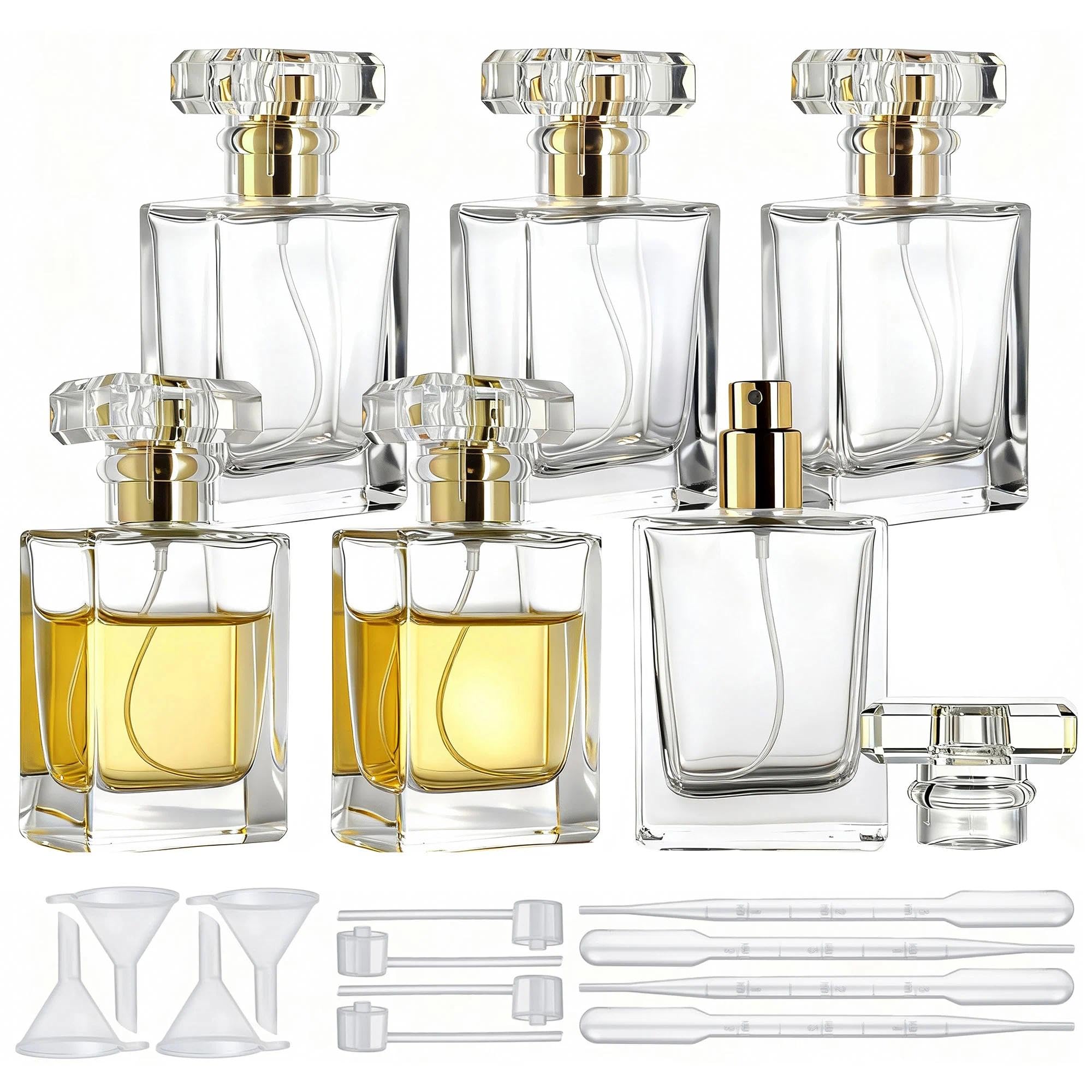 Photo 1 of 1 broken/missing**YU FENG Glass Perfume Spray Bottle Set, Refillable Fine Mist Atomizer for Fragrance, Daily Use & Organization – Square Glass, Gold Cap, 50ML, 6 Pack