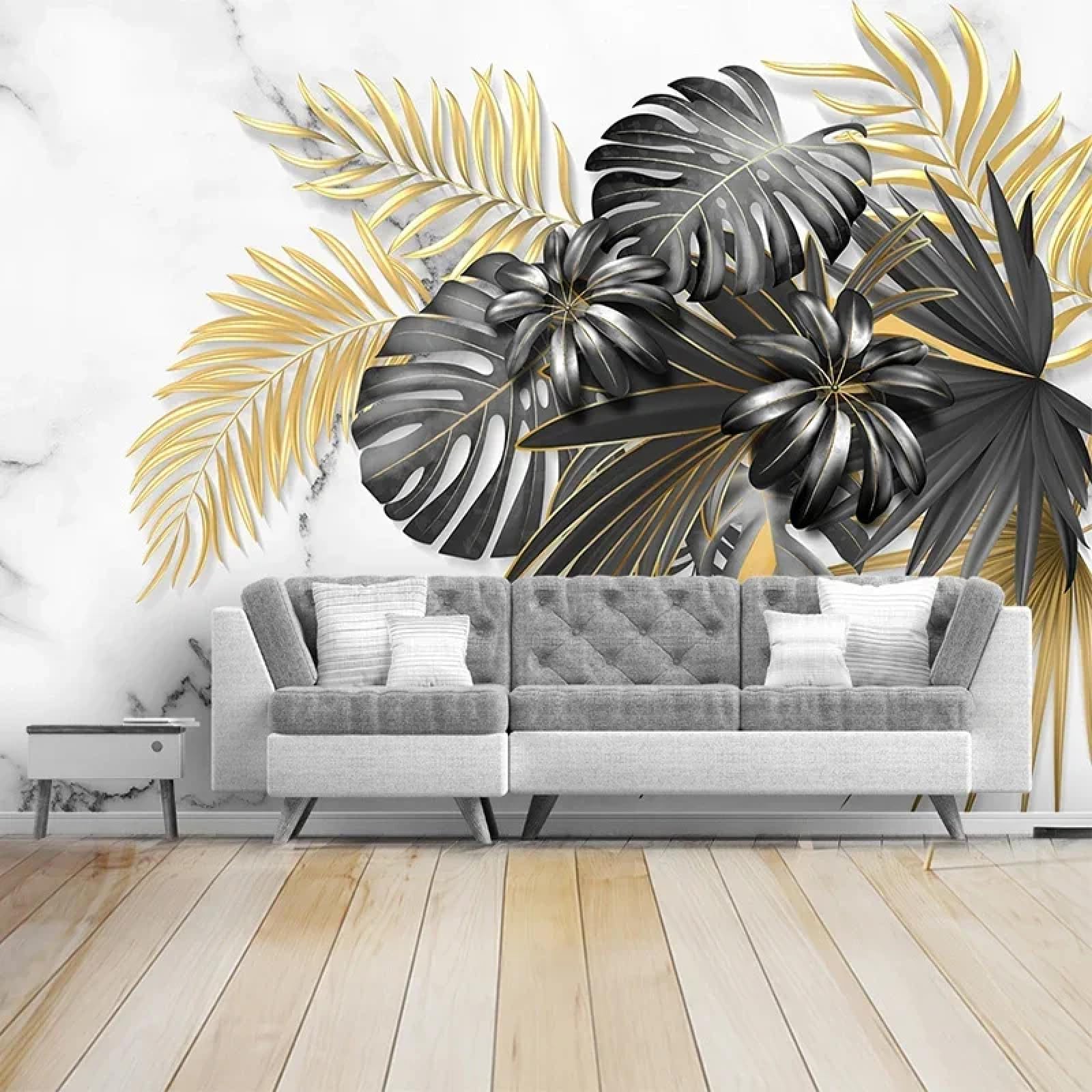 KoKoty 3D Photo Wallpaper Mural Hand Drawn Tropical Plants Black Golden leaves-200 x 200 cm-Living Room TV Sofa Background Wall Home Decor Mural Wallpaper