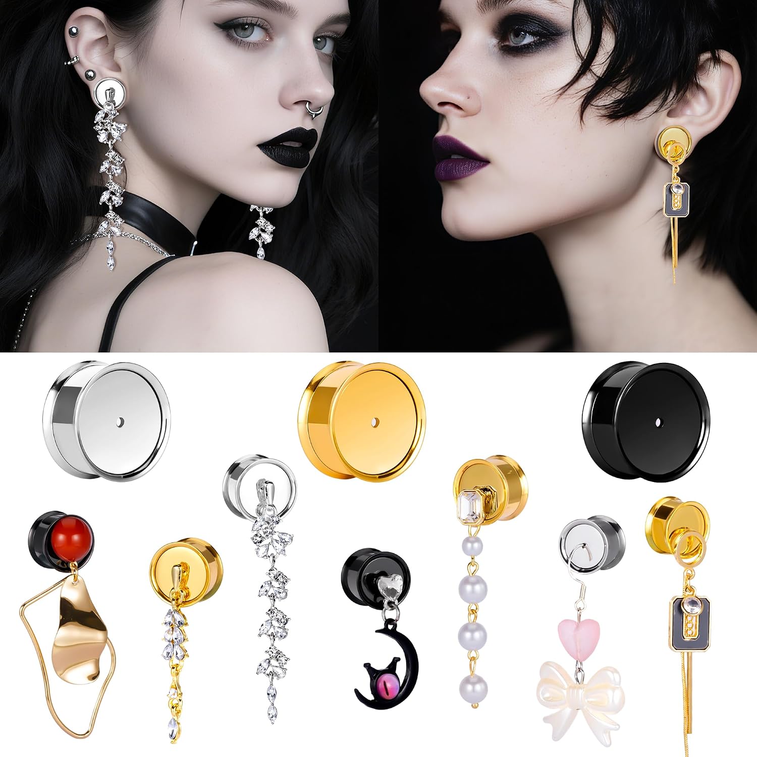 DOEARKO 2PCS Stud Plugs for Stretched Ears 0g(8mm)-3/4 Inch(19mm) Hypoallergenic Stainless Steel Hollow Ear Tunnels Wear Any Regular Earrings & Dangles