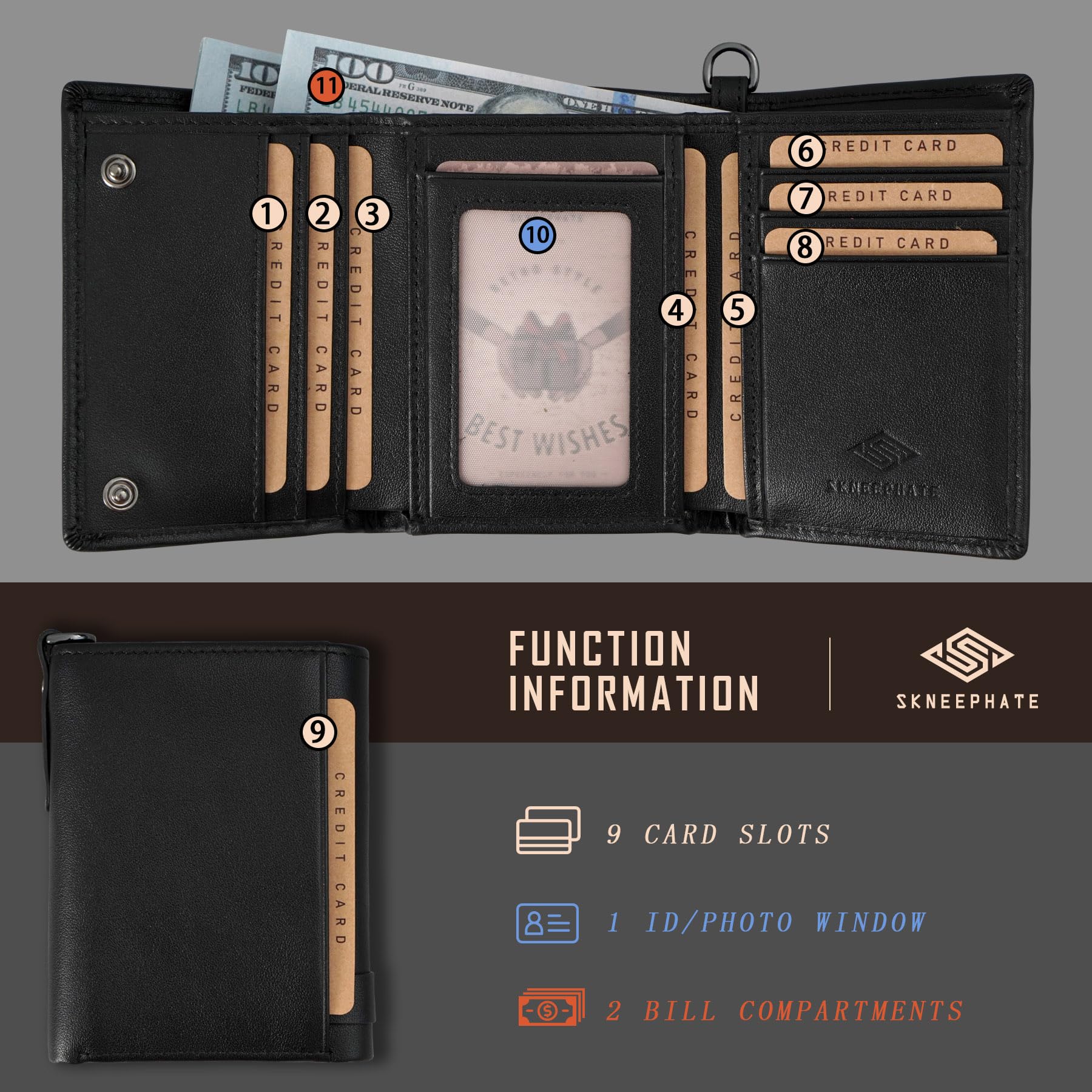 Cartera para Hombre de Cuero con Cadena, Cartera de Motero con Calavera, Portamonedas Plegable Triple para Hombres con Protección RFID, Regalo para Él (Black)