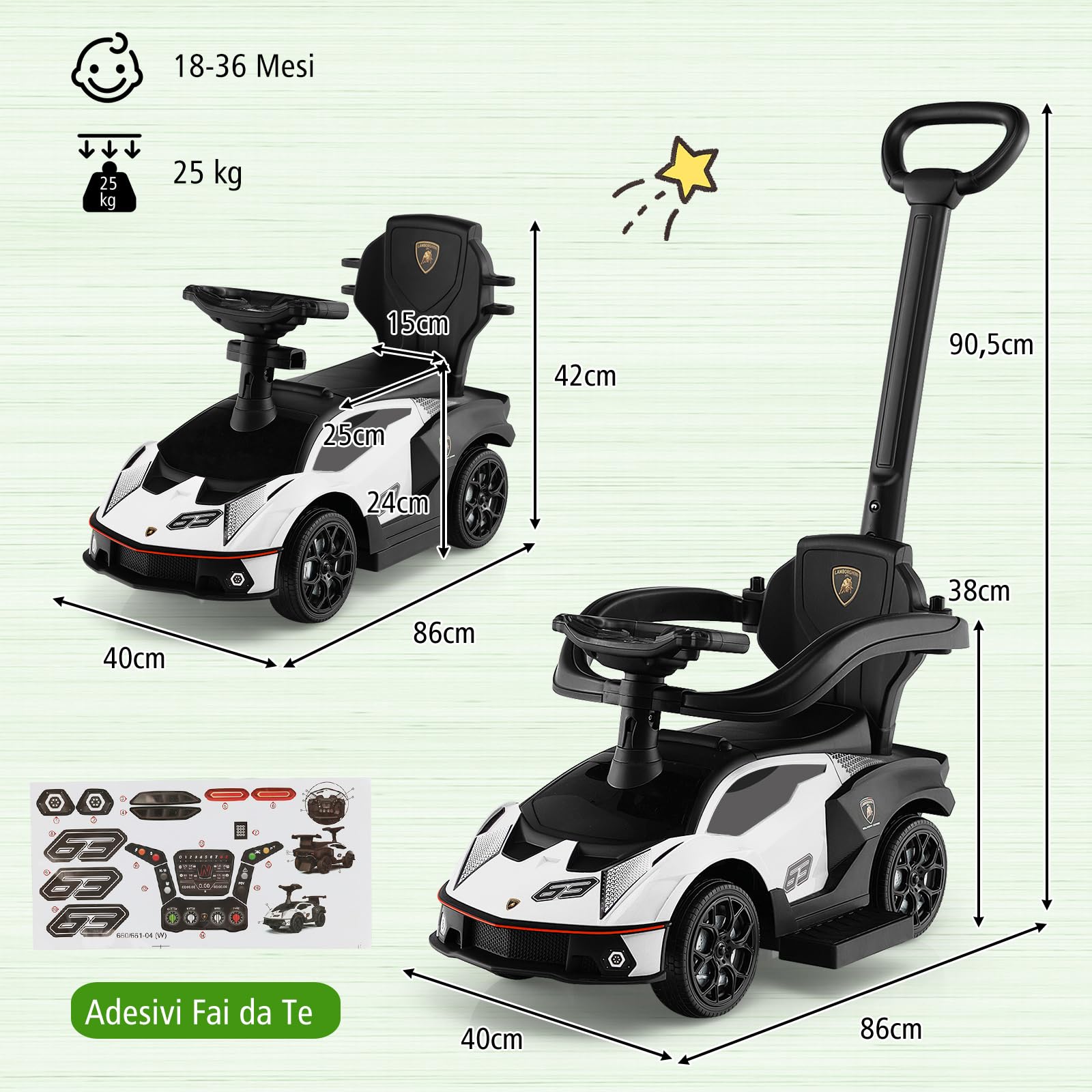 COSTWAY 3 in 1 Lamborghini Auto a Spinta per Bambini, Macchina Cavalcabile con Impugnatura e Scatola di Stoccaggio, Ideale per Bambini 12-36 Mesi (Bianco)