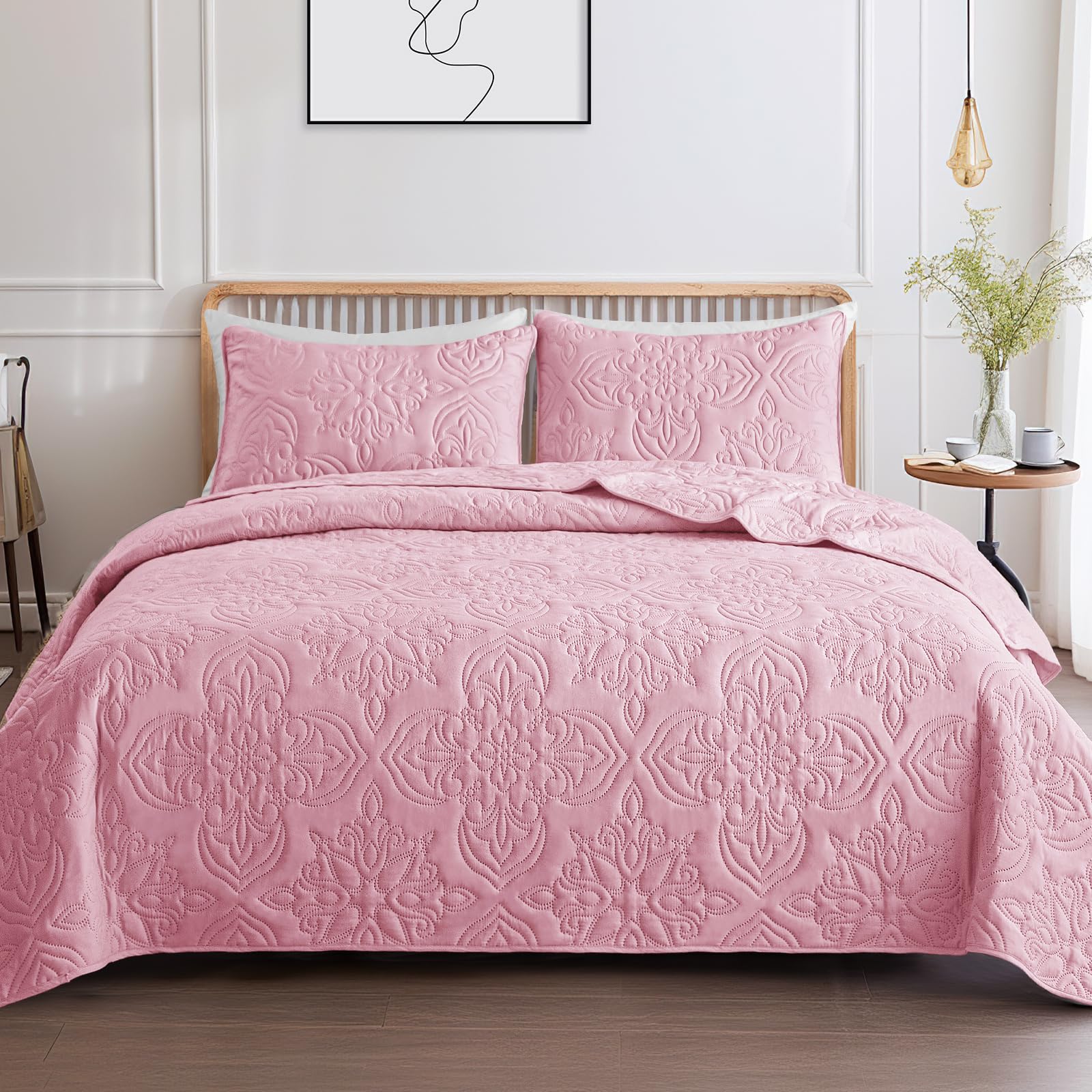 Juego de ropa de cama suave tamaño Queen para todas las estaciones, juego de edredón ultrasónico de damasco vintage, colcha reversible ligera, cubrecama con 2 fundas de almohada, rosa