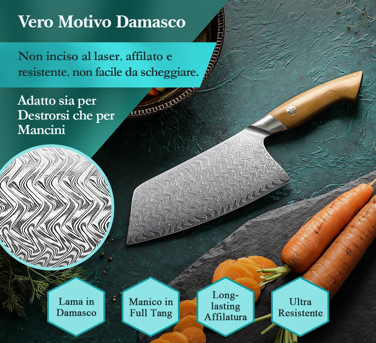 HEZHEN Mannaie per Carne Acciaio Damasco,Coltelli Mannaie da Chef Cinesi Professionale, Coltelli da Cucina Multifunzionale, Full Tang Manico