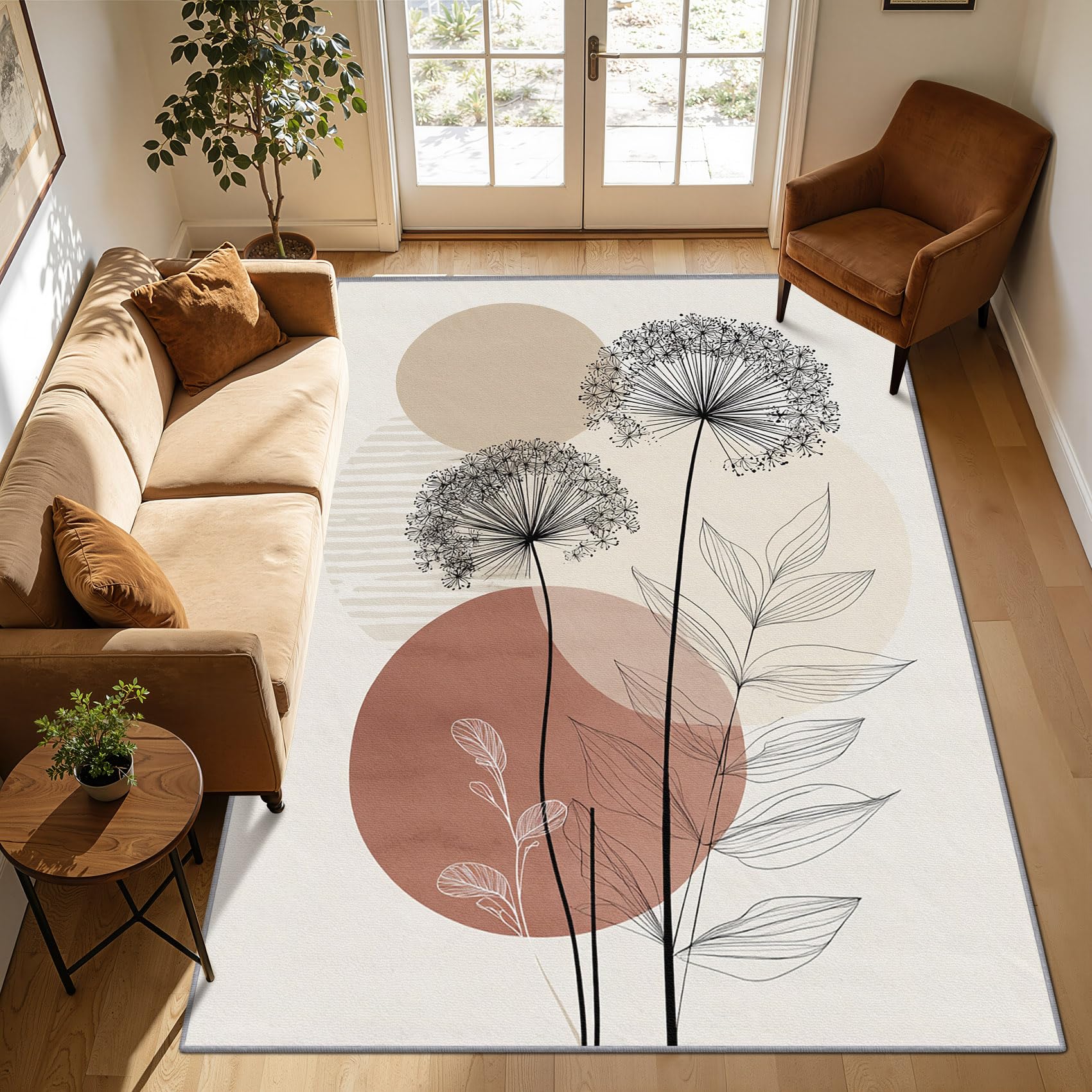 Mistela Boho Löwenzahn Teppich 200x200 cm – Minimalistischer Neutral Botanische Waschbarer Rutschfester Kurzflor Teppich für Wohnzimmer Schlafzimmer Esszimmer Büro Eingang in Terrakotta Braun