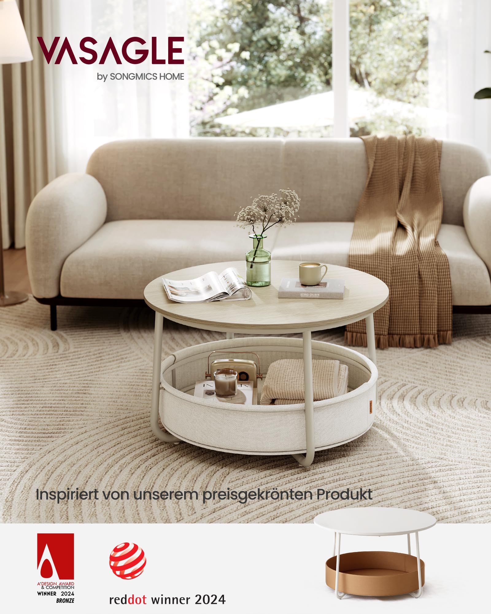 VASAGLE LILEA Kollektion - Couchtisch rund, Tisch mit Stauraum, Beistelltisch, Wohnzimmertisch mit Korb aus Stoff, modern, Metallrahmen, naturbeige-cremeweiß LCT244K01