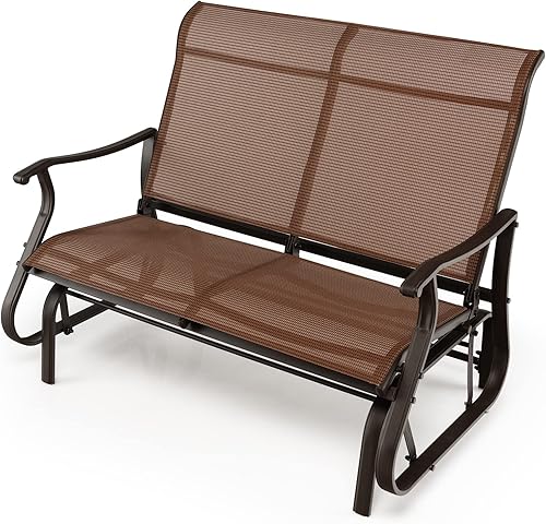 Tangkula Banco mecedor para patio, banco mecedor para 2 personas con respaldo alto y reposabrazos curvos, sofá biplaza con asiento espacioso para