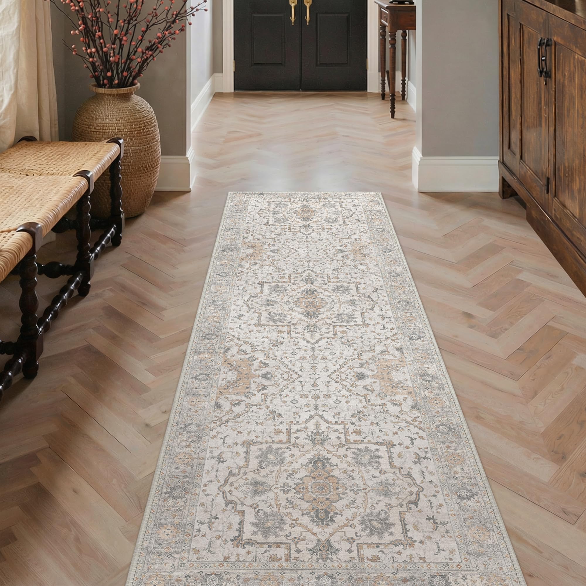 BEIMO Runner Rugs for Hallway 80x150cm, Non-Slip Washable Rug Soft Low Pile, Nursery Rug Oriental Distressed Design Carpet Runners for Entryway Kitchen Laundry Room, Terracotta and Muted Grey — image 1