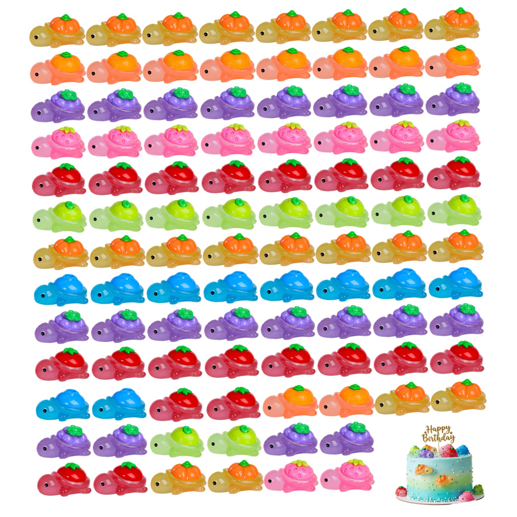 AwnsIMfreien 100Pcs Mini Resin Turtles, Glow in The Dark Mini Resin Animals with Cute Fruit Designs, Tiny Turtles for Fairy Garden, DIY Craft, Party Favor, Home Decor, Tiny