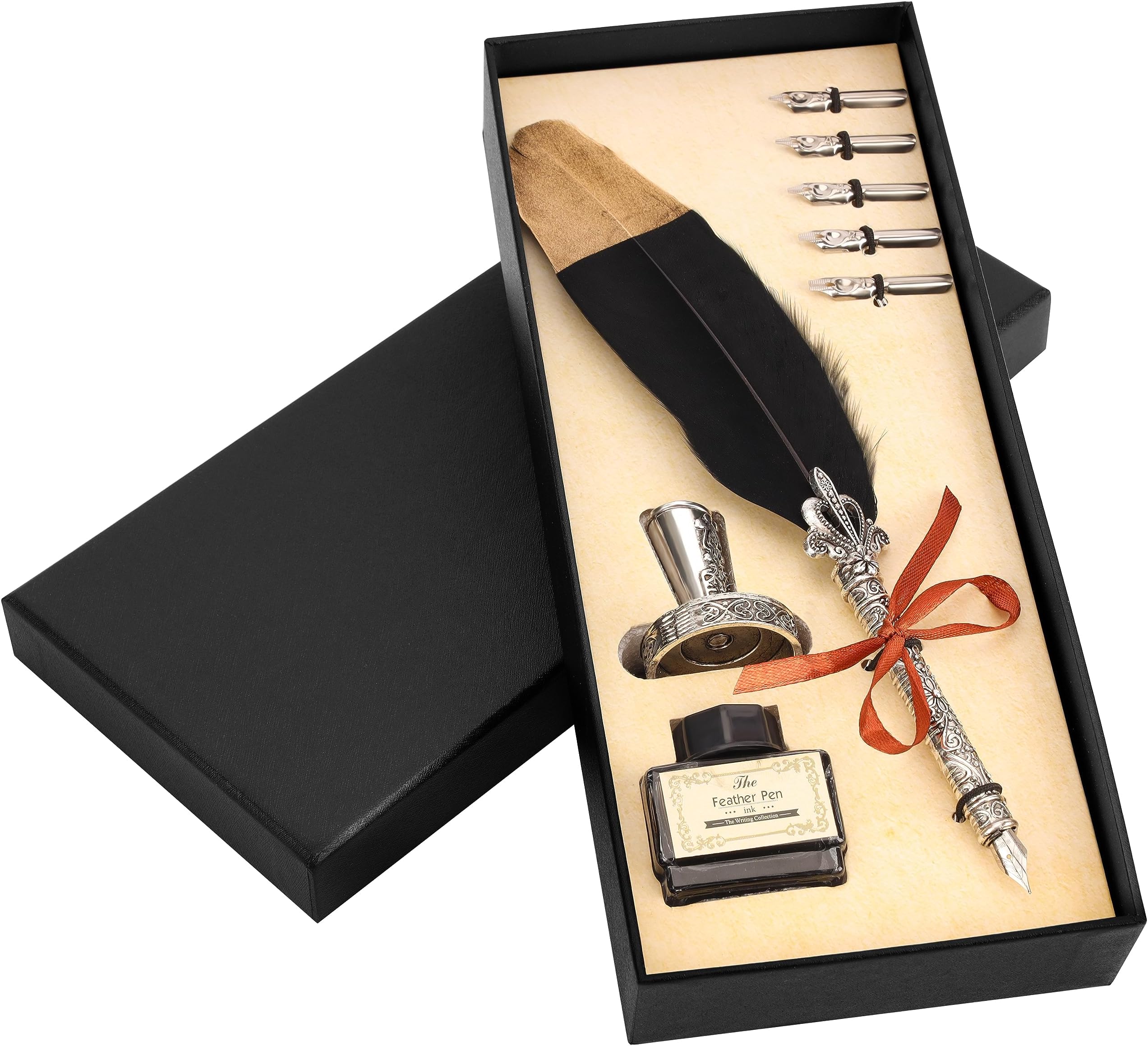 BELLE VOUS 8 Piece Calligraphy Pen Set with Holder, Ink Bottle and Nibs - Ink Dip Quill Writing Pen with Black Ink, 5 Assorted Nibs & Holder - Ideal for Beginners and Adults