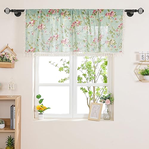 Miniatura 21 de Cenefa de mezcla de lino floral para ventana de 20 pulgadas de largo, cenefas de cortina de cocina con borlas, rosa rosa, retro, elegante, cortinas