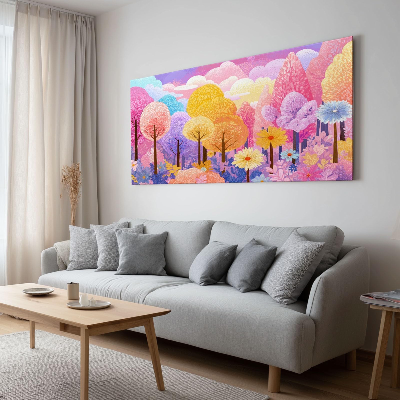 Generisch Aquarell Romantisch Wald Bäume Modernes Leinwandbild 140L x 70B cm mit Rahmen, Zartrosa XXL Wanddeko für Wohnzimmer Geschenk Idee Einzug - Hochwertiger Kunstdruck auf Holzrahmen