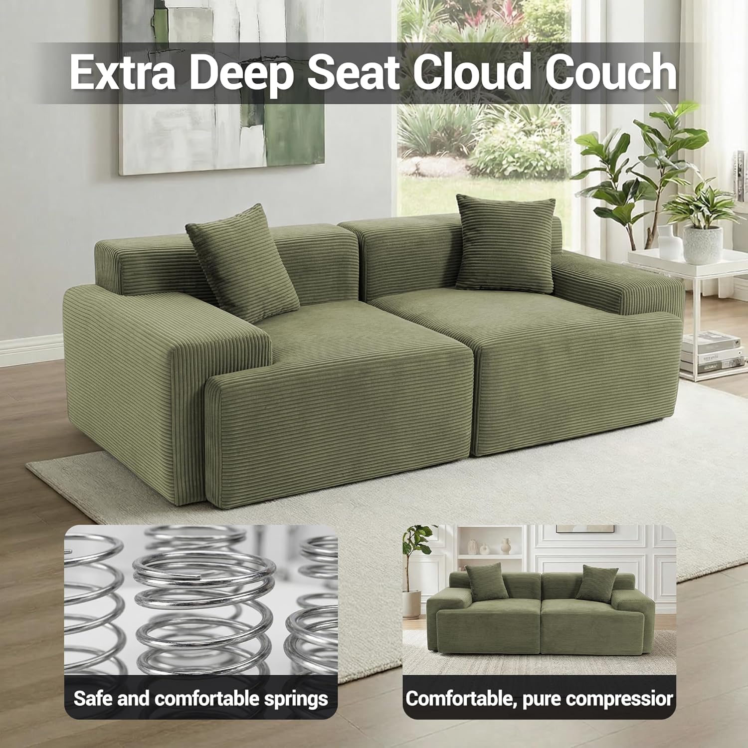 83'' Cloud Sectional Couch, 2 Seater Large Sectional Couches for Living Room, Green Cloud Modular Sectional Sofa, Memory Foam, Extra Deep Loveseat, No Assembly,Green