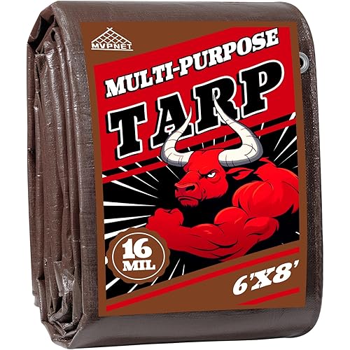 Tarp 6x8 ft Super Heavy Duty 16mil 100% Waterproof,Uv Resistant,High Durability Multipurpose Brown Tarp Suitable for Courtyards, Cars, Camping, Gardens, Pet Nests -by Mvpnet
