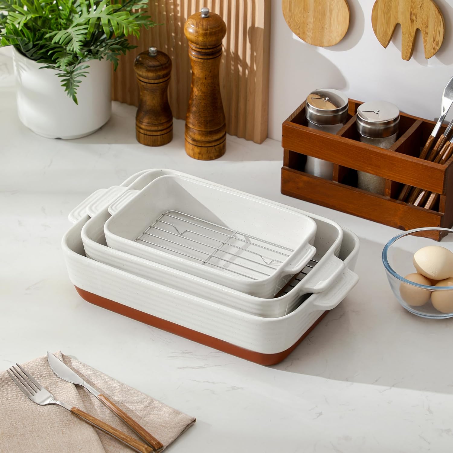 MALACASA Casserole Dishes for Oven with Roasting Racks, Ceramic Baking Dishes Set of 3, Baking Pan Casserole Dish Set, Rectangular Lasagna Pan Deep with Handles for Baking, Khaki White (14.5''/13''/10.5''), Series TARA