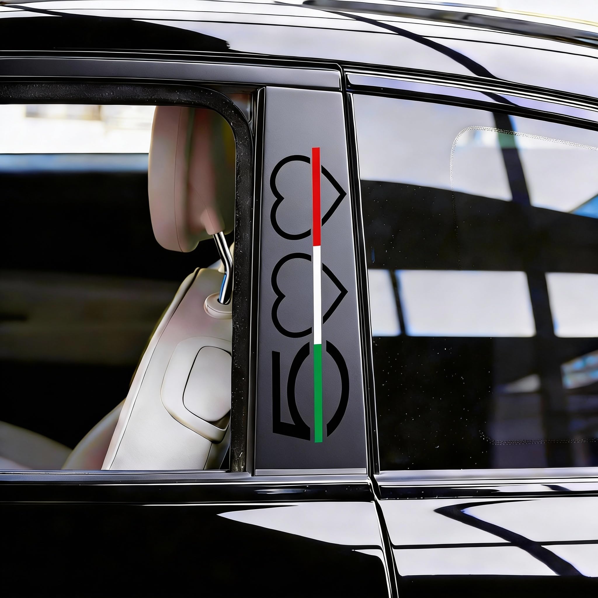 2 Adesivi Montanti Auto “Italia nel Cuore” Compatibile con Fiat 500 – Stickers Tricolore (Nero Opaco)